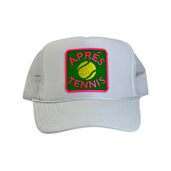 A white foam trucker hat with a custom "Apres Tennis" patch for all tennis enthusiasts.