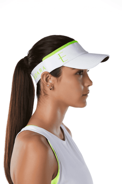 White tennis visor with neon yellow accents.