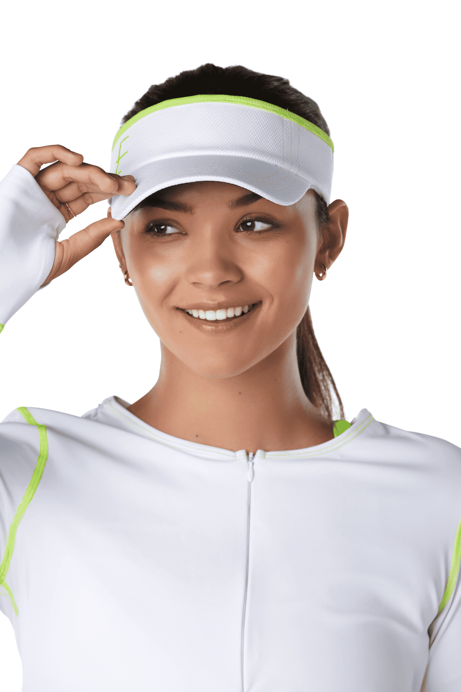 White tennis visor with neon yellow accents.