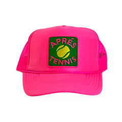 A neon pink foam trucker hat with a custom "Apres Tennis" patch for all tennis enthusiasts.
