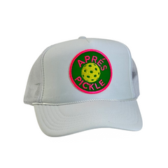 A white  foam trucker hat with a custom "Apres Pickle" patch for all pickleball enthusiasts.